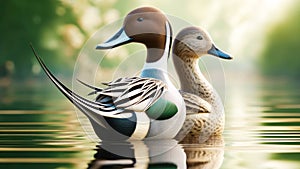 Regal Elegant Northern Pintail Ducks Colorful Plumage Swimming Marsh Waterfowl Springtime Morning Sunrise AI Generated