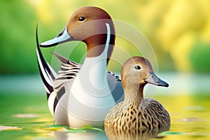 Regal Elegant Northern Pintail Ducks Colorful Plumage Swimming Marsh Waterfowl Springtime Morning Sunrise AI Generated