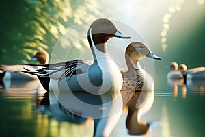 Regal Elegant Northern Pintail Ducks Colorful Plumage Swimming Marsh Waterfowl Springtime Morning Sunrise AI Generated