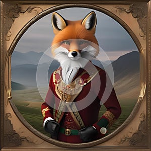 A regal fox in majestic attire, posing for a portrait with a dignified stance2
