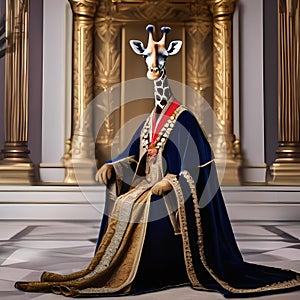 A regal giraffe in a royal robe and crown, presiding over an animal kingdom1