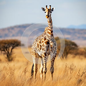 A regal giraffe standing tall amidst the open grassland. Taken with a professional camera and lens.
