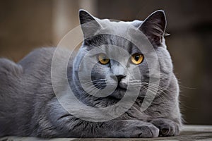 Regal gray cat with golden eyes lounges, soft fur begs to be touched in elegance