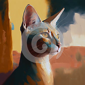 Regal illustrated cat looking out painting