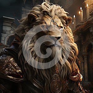 Regal lion in a majestic medieval costume.