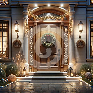 Regal Luxury Home Front Wood Entrance Door Decorations Christmas Holiday Celebrating Season Wreath AI Generate