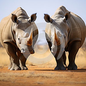 Regal moment white rhinoceroses lock heads in a powerful stance