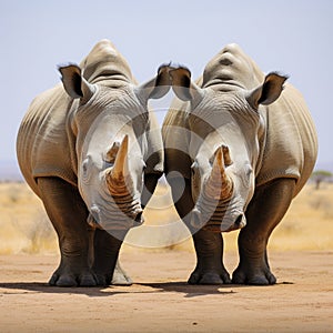 Regal moment white rhinoceroses lock heads in a powerful stance