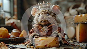 A regal mouse adorned in a crown sitting proudly on top of a piece of cheese, ruling over its cheesy kingdom with grace photo