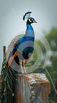 A regal peacock perches with pride against a textured stone