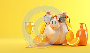 A regal piggy bank, dressed in finery, enjoys a relaxing drink of orange juice