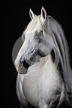 Regal Portrait of a Pure White Horse: Expertly Captured with Intricate Lighting in a Dark Studio. Generative AI