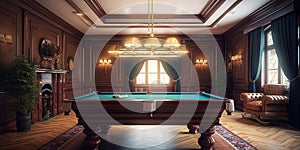 Regal Rec Room: A Luxurious Pool Table Lounge. Entertainment room with pool table designed in royal style. Generative AI