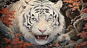 A regal white tiger prowling through a dense forest, its eyes gleaming with intensity by AI generated