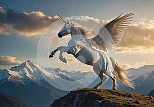 Regal Winged Unicorn Rearing up in Snowy Mountains