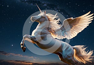 Regal Winged Unicorn Rearing up under Starry Sky