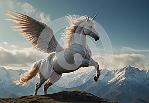 Regal Winged Unicorn Soaring over Snowy Mountains