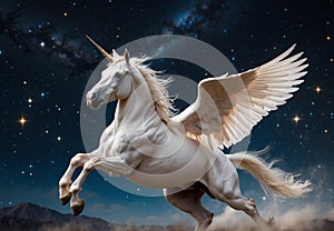 Regal Winged Unicorn Soaring under Starry Sky