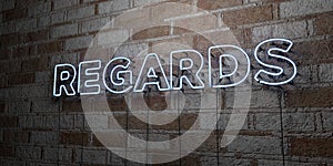 REGARDS - Glowing Neon Sign on stonework wall - 3D rendered royalty free stock illustration