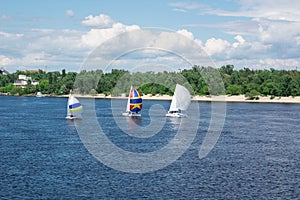 Regatta on lake river sailing yachts boats with white sails and multicolored gennakers, reflected sky in water