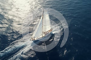 Regatta of sailing ships with white sails on the high seas, Aerial view of a yacht with white sails in the open calm sea,