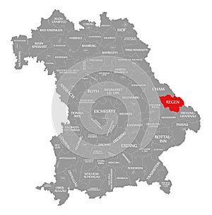 Regen county red highlighted in map of Bavaria Germany