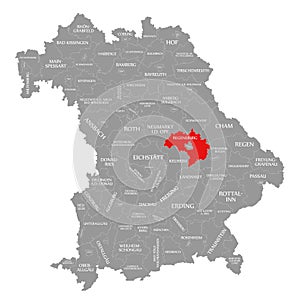 Regensburg county red highlighted in map of Bavaria Germany