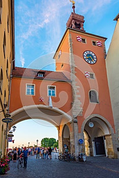 Regensburg, Germany, August 12, 2022: View of Bruckturm in the o