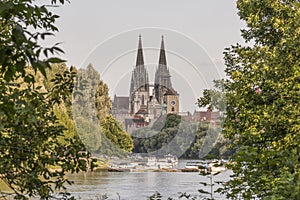 Regensburg with the yacht harbor at the danube river and view to dom st. peter