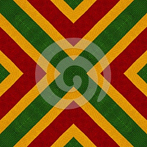 Reggae colors crochet knitted style background, top view. Collage with mirror reflection. Seamless kaleidoscope montage