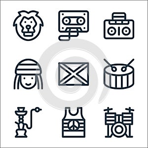 Reggae line icons. linear set. quality vector line set such as drum set, hookah, drum, jamaica, rastafari, boom box, cassette photo