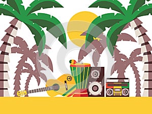 Reggae music beach party, vector illustration. Musical instruments on the sand under palm trees. Guitar and percussion