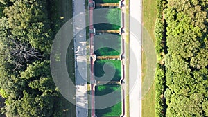 Reggia di Caserta, Italy. Aerial view of famous royal building gardens from a drone in summer season