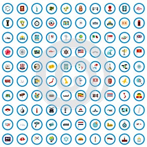 100 region icons set, flat style