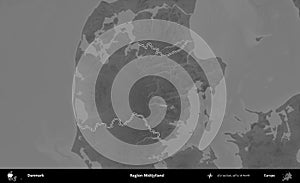 Region Midtjylland outlined, Denmark. Grayscale