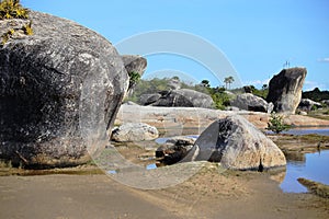 Big rocks, river  and undergrowth with some vegetation in the region close to the sea, northeast of Brazil. photo