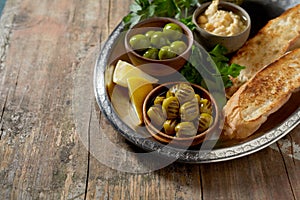 Regional Greek or Italian breakfast with toast and olives