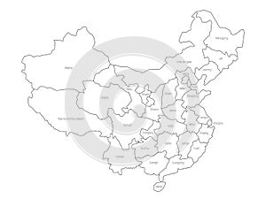 Regional map of administrative provinces of China. Thin black outline on white background. Vector illustration