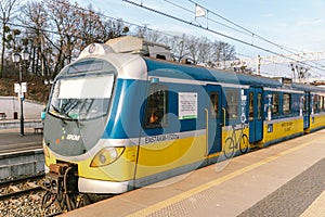 Regional new blue yellow train arriving to gdansk glowny railway station in Poland, Gdansk February 9, 2020. SKM regional railway