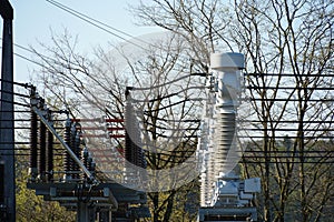 Regional power station providing electricity for households and enterprises. Detail view on coils and wires
