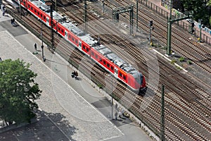 Regional train of Deutsche Bahn departing main station in Cologne, Germany