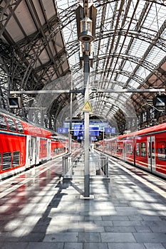 Regional trains of DB Deutsche Bahn at main railway station public transport in Frankfurt, Germany