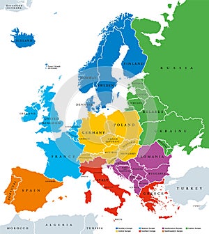 Regions of Europe political map, single countries, English labeling photo