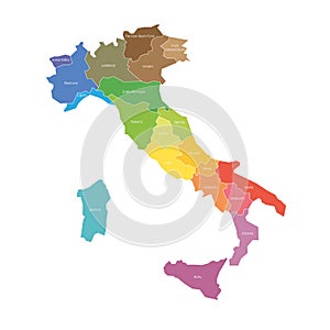 Regions of Italy. Map of regional country administrative divisions. Colorful vector illustration