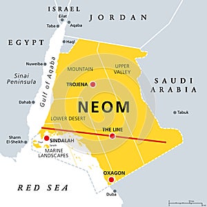 Regions and places of NEOM, planned smart city in Saudi Arabia, political map