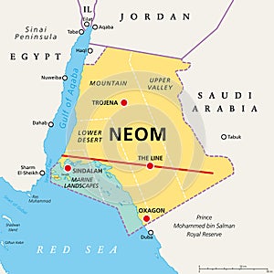 Regions and places of NEOM, planned smart city in Saudi Arabia, political map photo