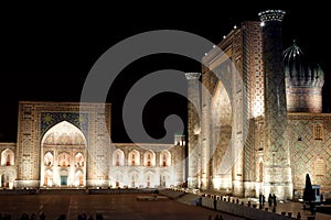 The Registan at night in Samarkand, Uzbekistan.