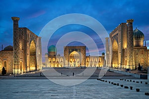 Registan square at dusk in Samarkand, Uzbekistan