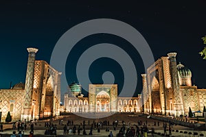 The Registan Square at night in Samarkand, Uzbekistan