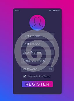 Register form, mobile ui vector design